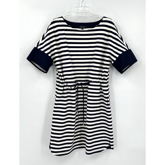 LAFAYETTE 148 NEW YORK casual dress drawstring waist striped nautical blue LARGE - Picture 1 of 6